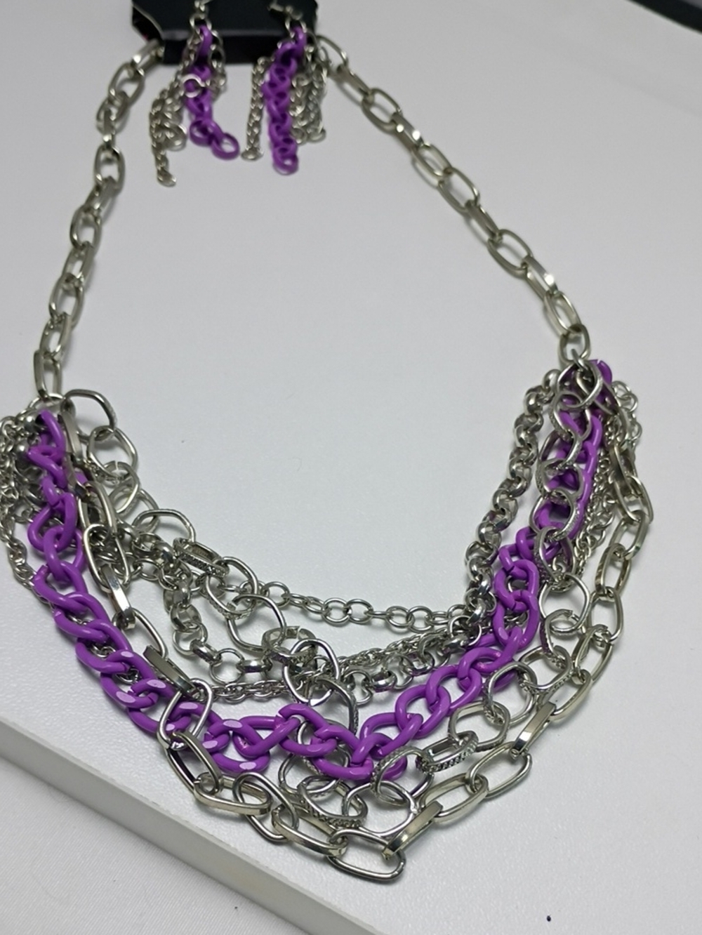 Layered Silver & Purple Chain Statement Necklace Set